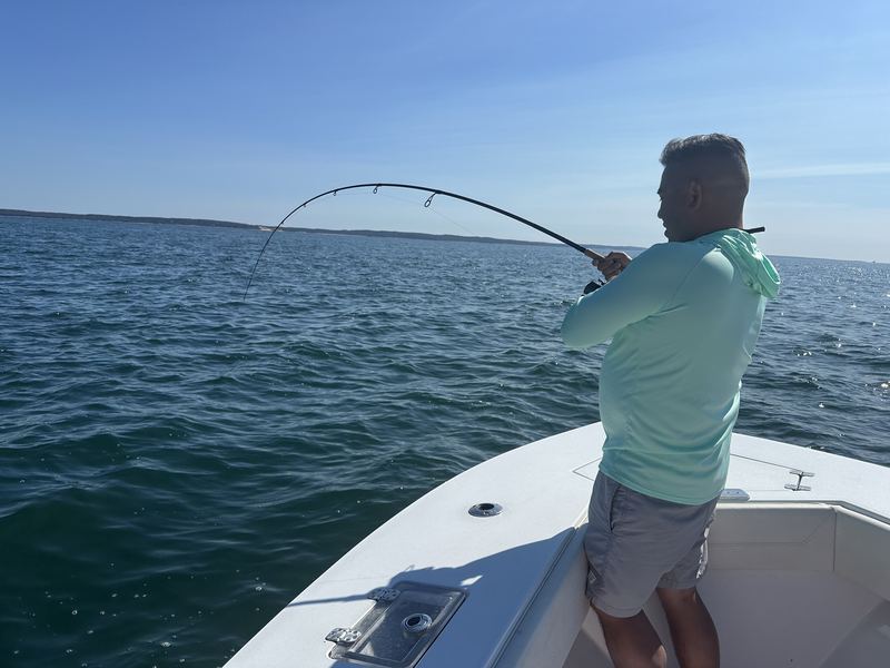 Angler fighting a fish on a Cape Cod charter