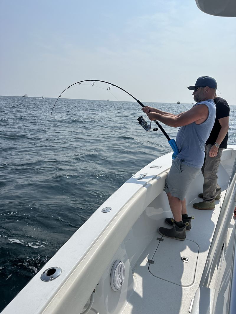 Angler fighting a striped bass in Boston Harbor