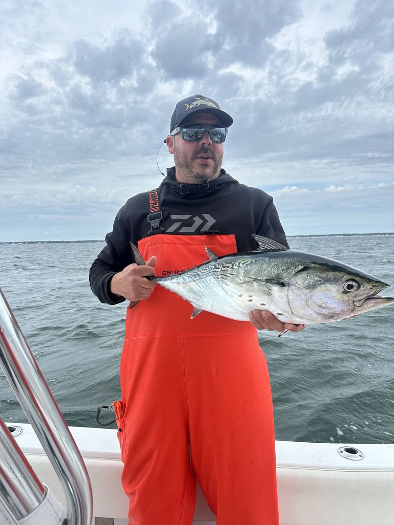 Angler in bibs with a false albacore on the fall run