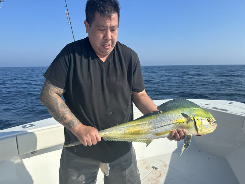 Angler with a mahi mahi caught offshore of Cape Cod
