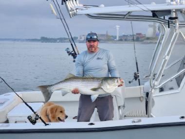 Angler with a striped bass and the boat dog on a Boston charter