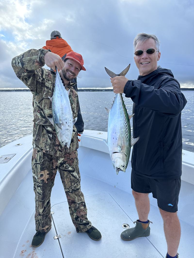 Two anglers with bonito on a Cape Cod fall charter